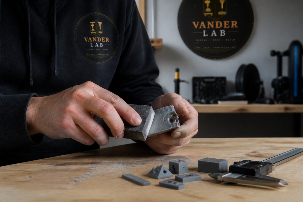 Maker sanding a 3d print failed part with a block on a workshop bench