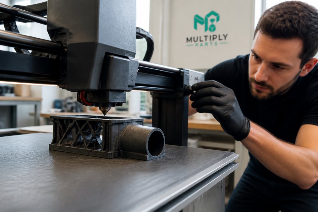 3D Print Shop Near Me: Industrial Printing Services Guide 2 Close-up of a 3D printer nozzle laying down molten filament on a print bed, with a partially finished mechanical part visible and a technician's gloved hand adjusting settings in a bright workshop