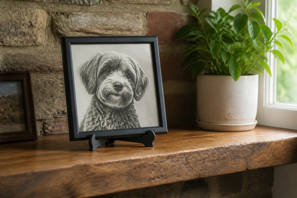 A hand-finished 3D printed dog portrait in a 170mm x 170mm frame resting on its display stand on a wooden mantelpiece, with a bronze-effect terrier bust nearby and soft natural window light