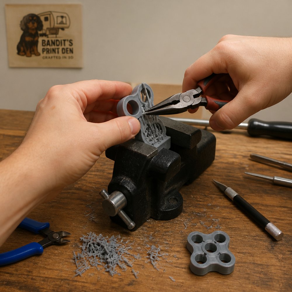 Removing support material from a 3D printed fidget toy using needle-nose pliers and a craft knife on a workbench.