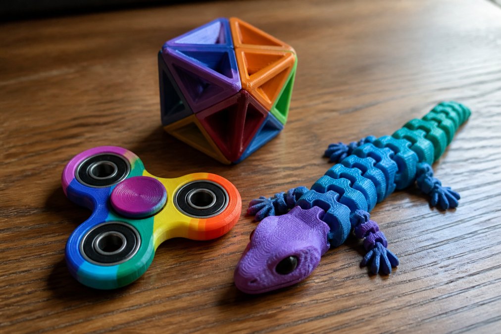 Close-up of several colorful 3D printed fidget toys arranged on a wooden desk, including a spinner, a geometric cube, and an articulated figure, shot in warm natural light