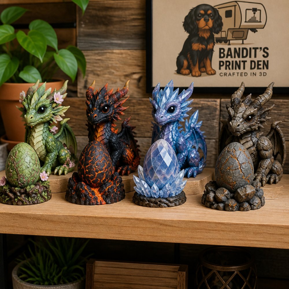 Four Elemental Dragons (Flora, Magmos, Crystal, Rocky) with their coordinating eggs and themed display stands arranged on a natural wood shelf, showing the multicolor details and intricate designs in warm natural lighting
