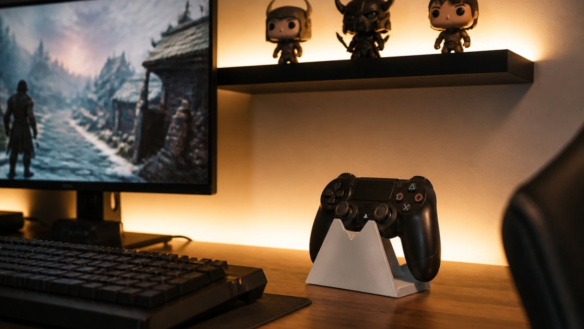 A gamer's desk at night with a 3D printed controller stand holding a gamepad, a small printed shelf above the monitor holding three collectible figures, warm LED glow behind the shelf, mechanical keyboard and monitor visible