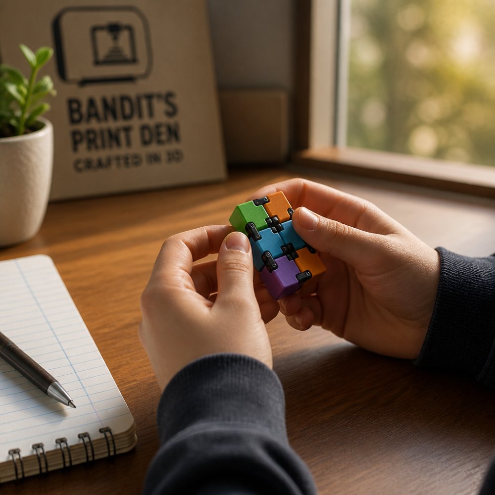 Close-up photo of a person's hands fidgeting with a colorful 3D printed infinity cube on a wooden desk, laptop and notebook blurred in the background, warm afternoon window light