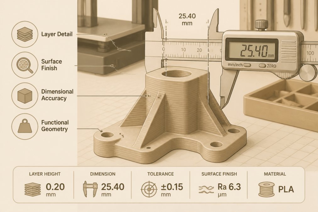 Close-up of a 3D printed part in a workshop setting, showing layer detail and surface finish, with a caliper measuring a dimension
