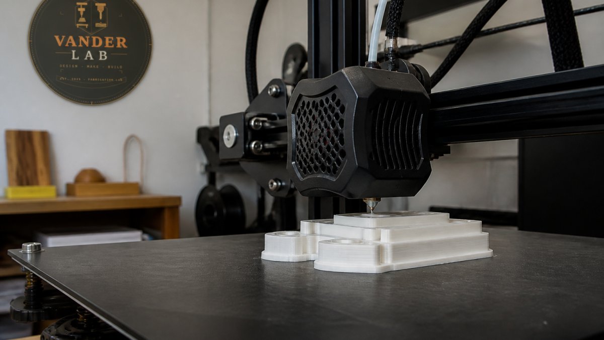 Close-up of a 3D printer in operation with white filament extruding onto a heated build platform, showing layers of a custom part forming in real time under bright workshop lighting