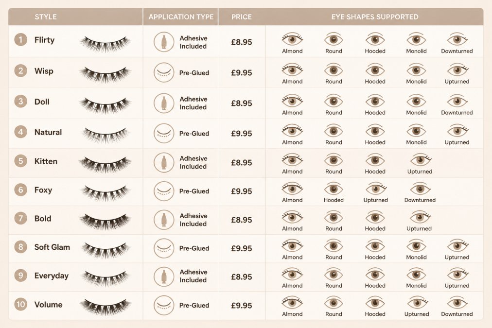Feature comparison matrix showing all 10 Pretty Lashes 3D strip lash styles with columns for style name, application type (pre-glued vs adhesive included), price (£8.95 or £9.95), and eye shapes supported
