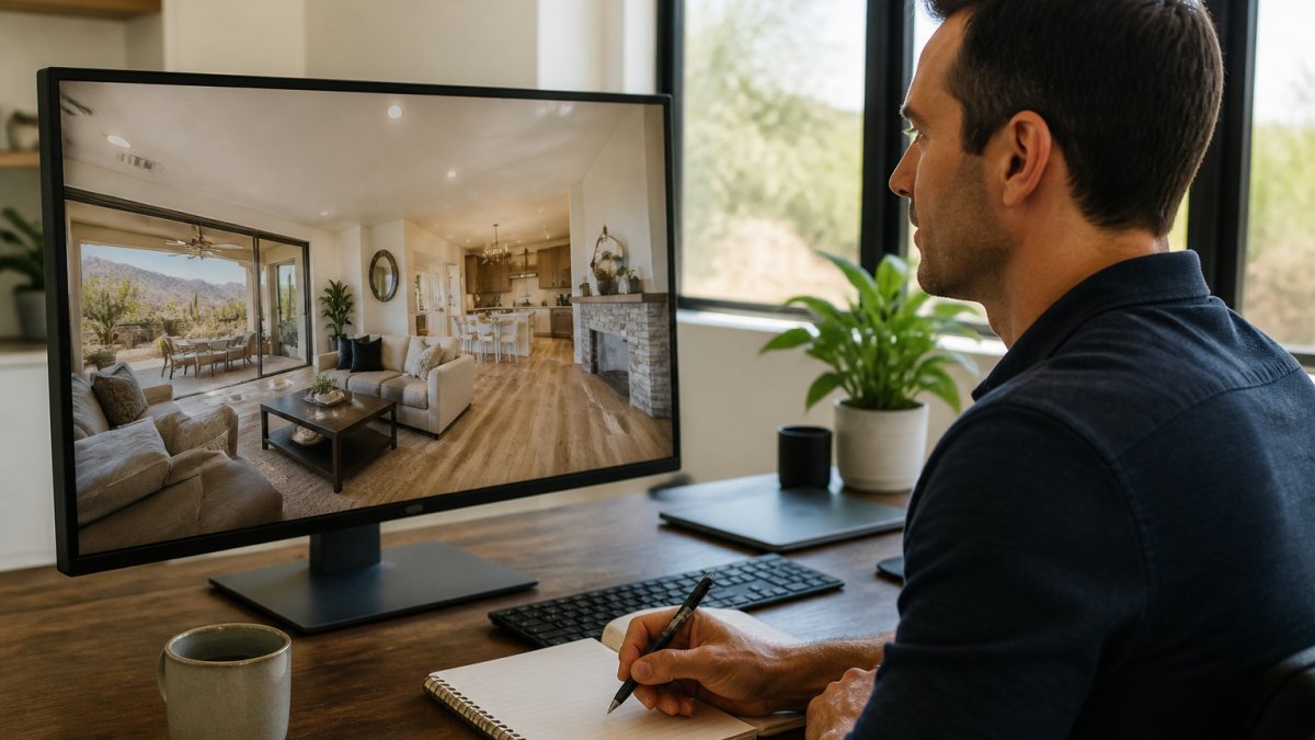 A real estate agent at a desk in a bright home office, reviewing a 3D virtual tour of a house on a large monitor while taking notes on a notepad