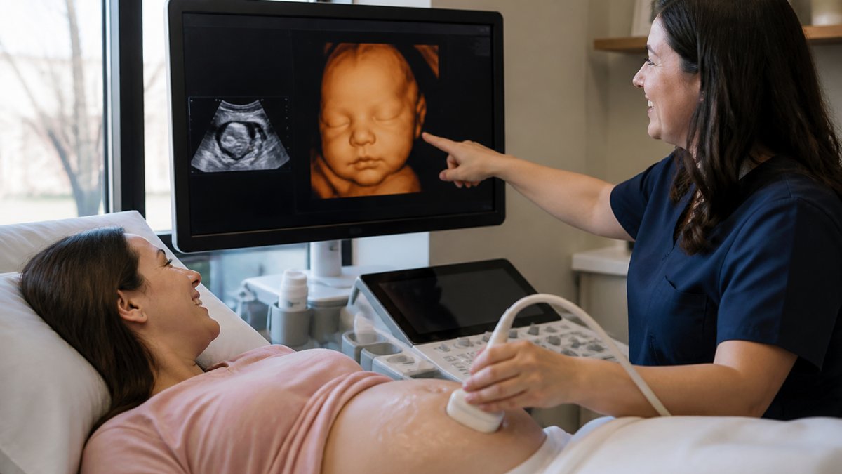 Expectant mother in comfortable clinical setting viewing 3D ultrasound images on high-resolution monitor with technician pointing to detailed fetal facial features displayed in three-dimensional rendering