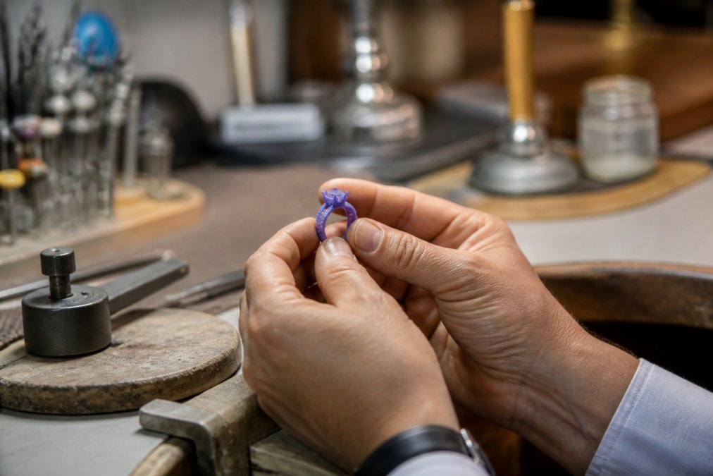 Close-up of a jeweller's hands holding a high-fidelity 3D printed resin model of an engagement ring next to a computer screen displaying the CAD design
