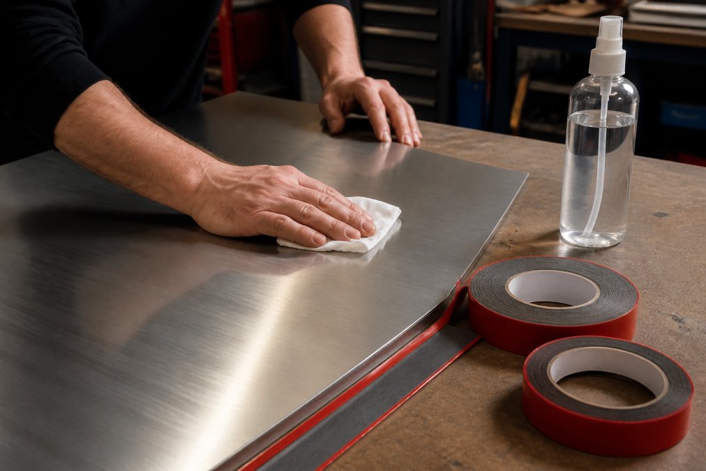 Close-up of hands wiping down a metal panel with a lint-free cloth and isopropyl alcohol before applying double-sided tape, workshop setting with tape rolls visible nearby