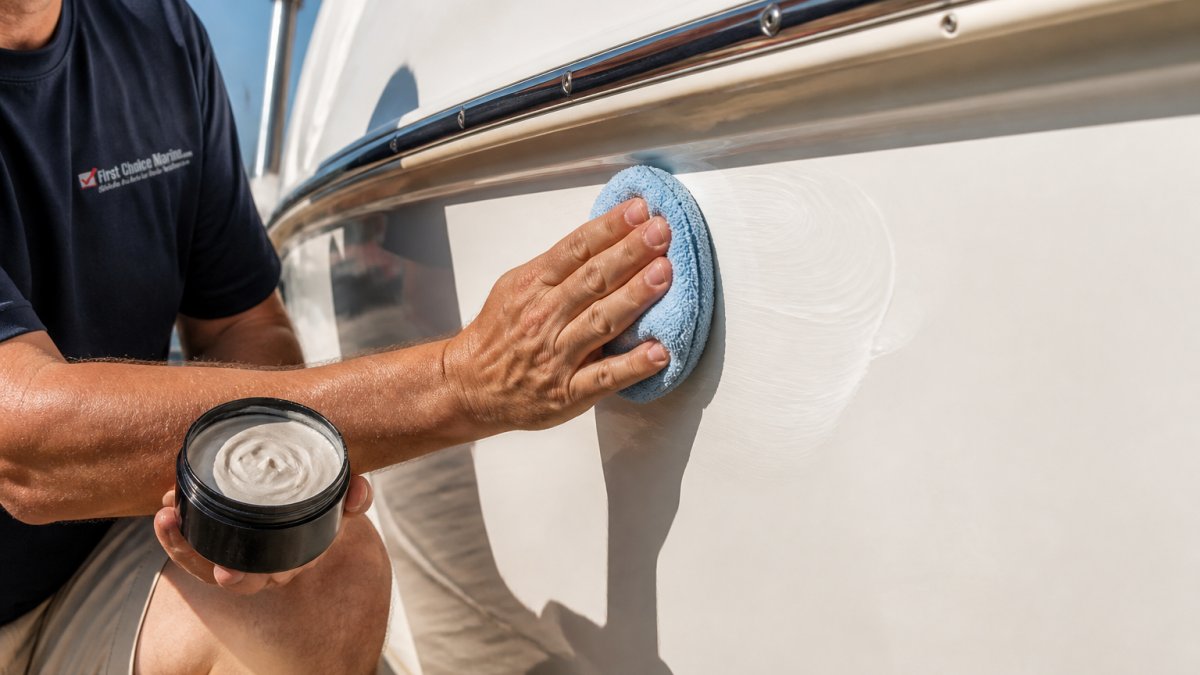Step-by-step process for applying polish to a boat hull using a microfiber applicator pad