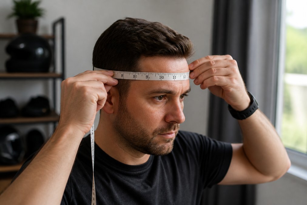 Person wrapping a soft measuring tape horizontally around their head at the widest point, positioned just above the eyebrows and ears, with natural indoor lighting showing the proper measurement technique