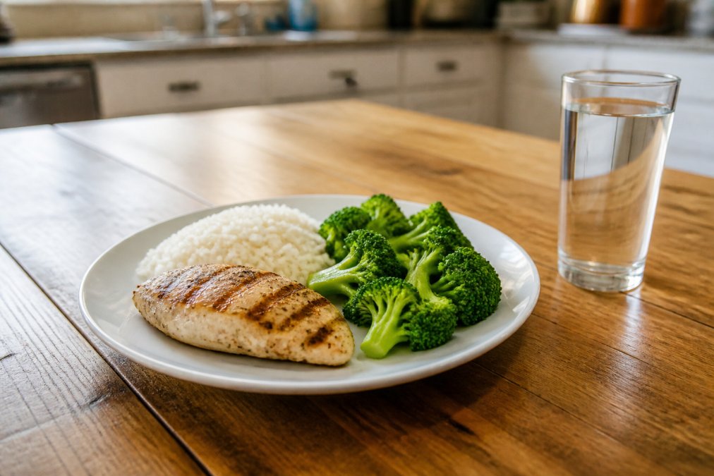 A balanced meal on a plate featuring grilled chicken breast, white rice, and steamed broccoli, with a glass of water beside it on a wooden kitchen table in bright daylight