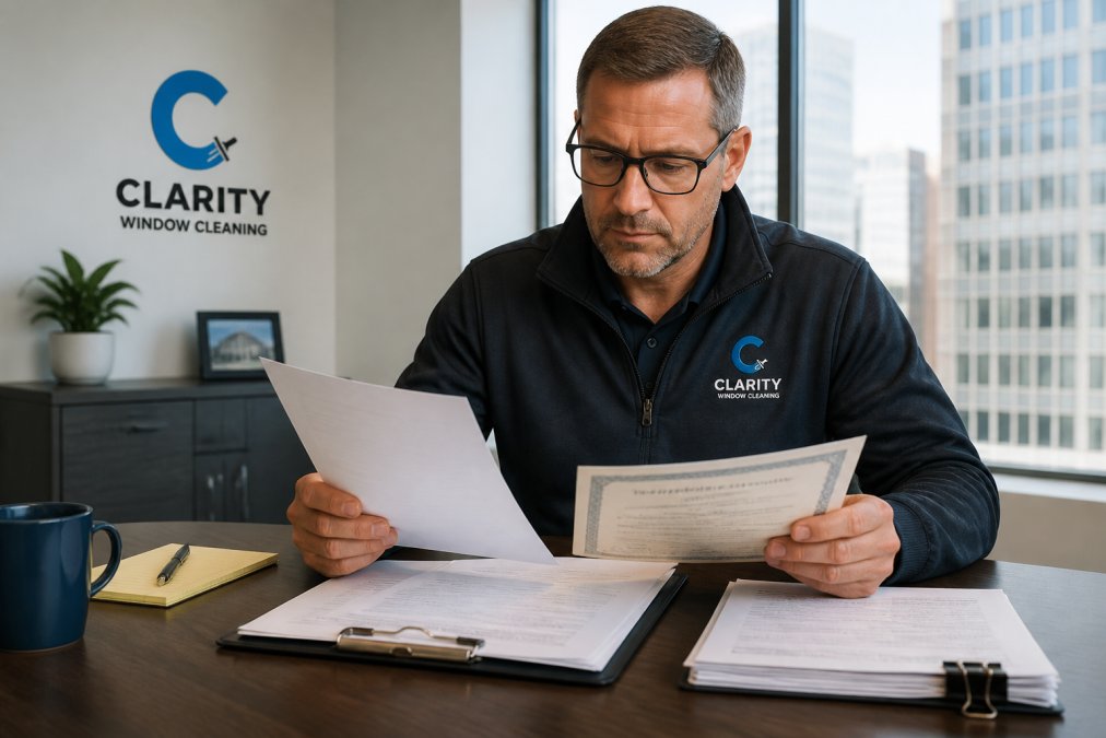 Facilities manager reviewing insurance certificate and bonding documents at a desk with clipboard and contract papers in modern office setting