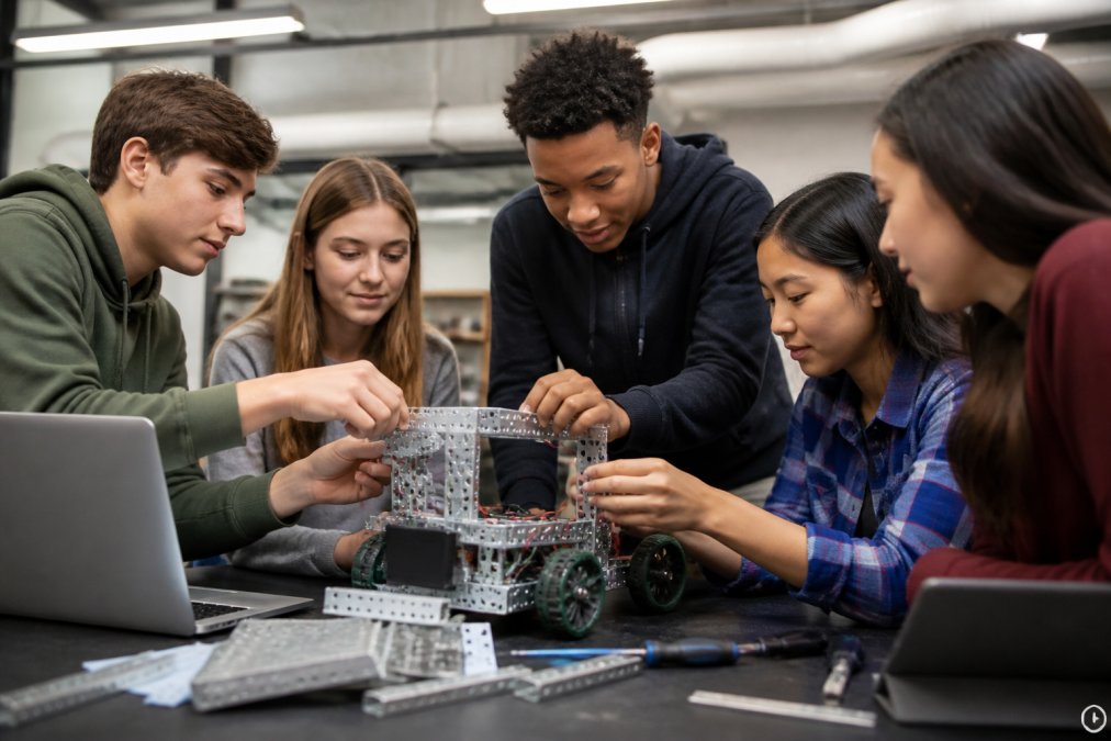 A diverse group of high school students collaborating on a robotics project in a modern, well-lit classroom with laptops and tablets visible