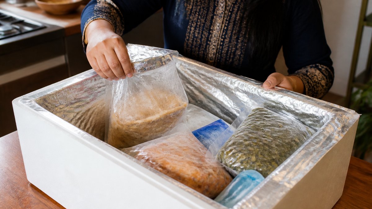 Hands unpacking a chilled grocery box containing frozen food and ice packs on a kitchen counter
