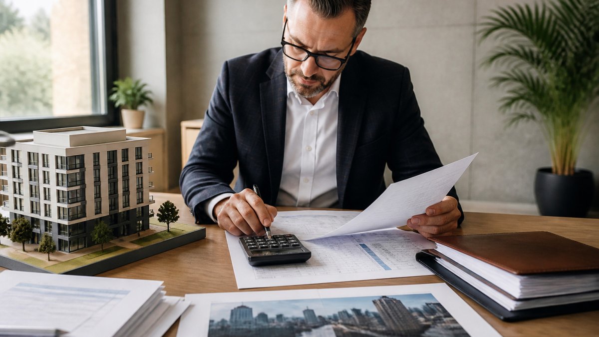 Real estate professional analyzing financial documents and a calculator to calculate commercial property investment ROI