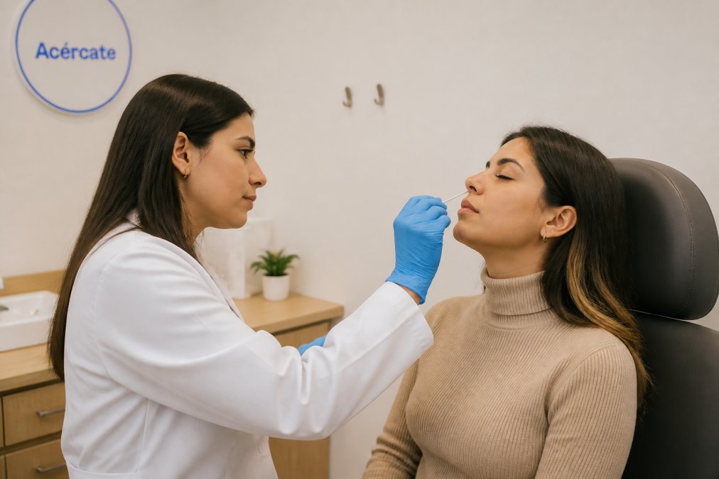 Profesional de la salud realizando una toma de muestra con hisopo en un consultorio limpio y bien iluminado, con el paciente en posición cómoda y relajada