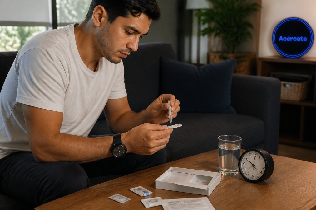 Persona realizando una autoprueba de VIH en la privacidad de su hogar, con las manos sosteniendo el kit de prueba y un reloj visible para el cronometraje