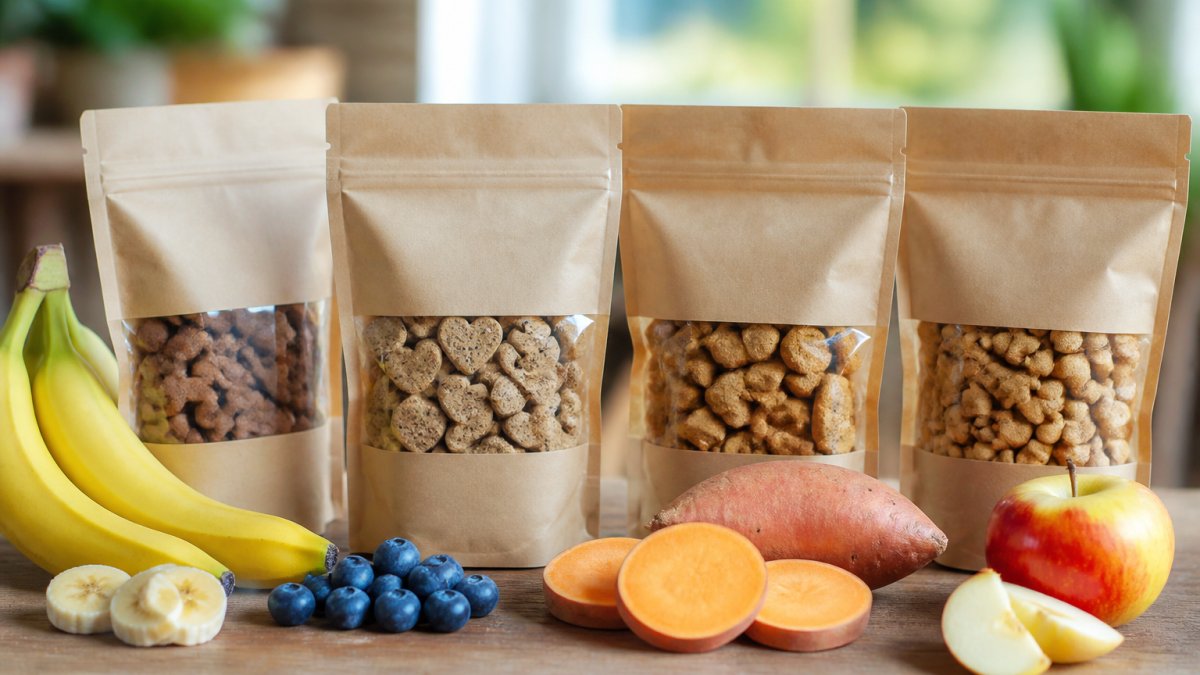 Close-up of four Dog Mamma's treat bags arranged on a wooden surface with fresh organic ingredients (bananas, blueberries, sweet potato, apples) scattered nearby, natural daylight