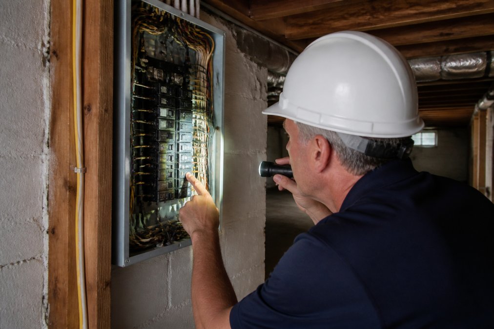 Professional home inspector examining electrical panel in older home, pointing to circuit breakers and wiring with flashlight in basement