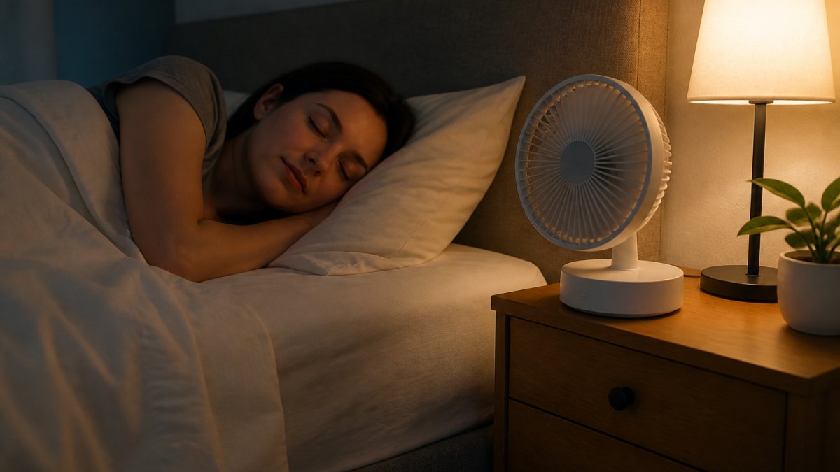 Person sleeping peacefully in bed with a compact rechargeable desk fan positioned on a nightstand, showing proper placement and bedroom setup for quiet nighttime cooling