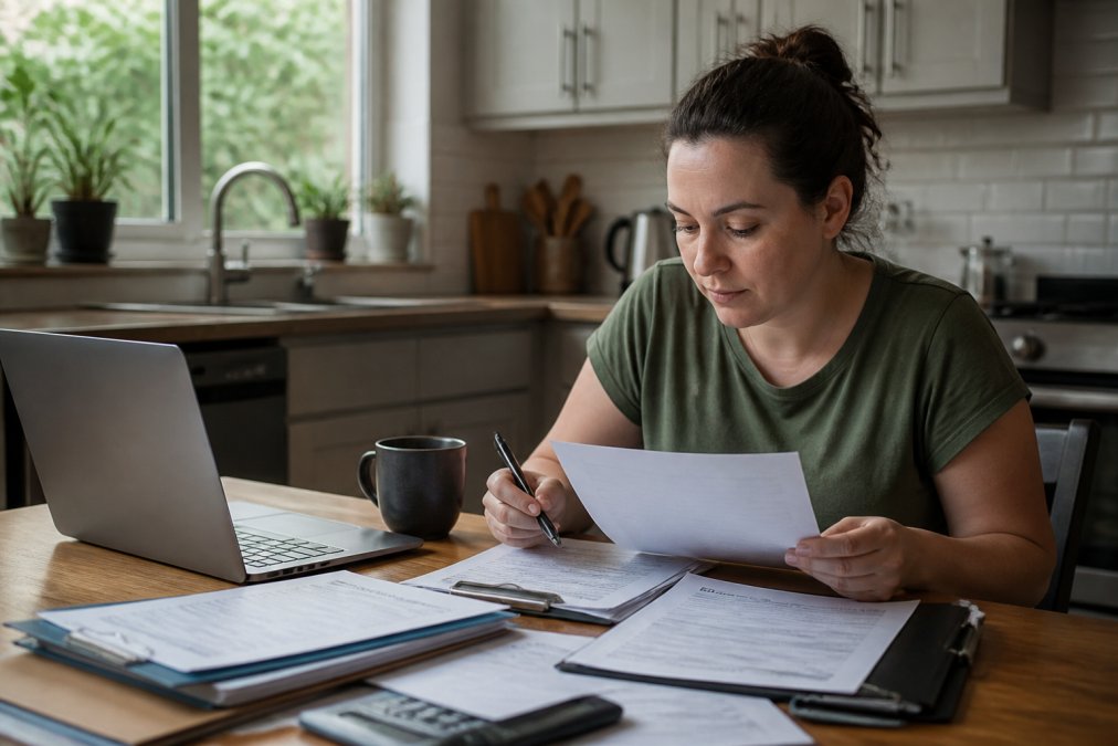 A person sitting at a kitchen table with a folder of documents, bank statements, and a laptop, reviewing paperwork with a pen in hand, natural light from a window, focused and hopeful expression
