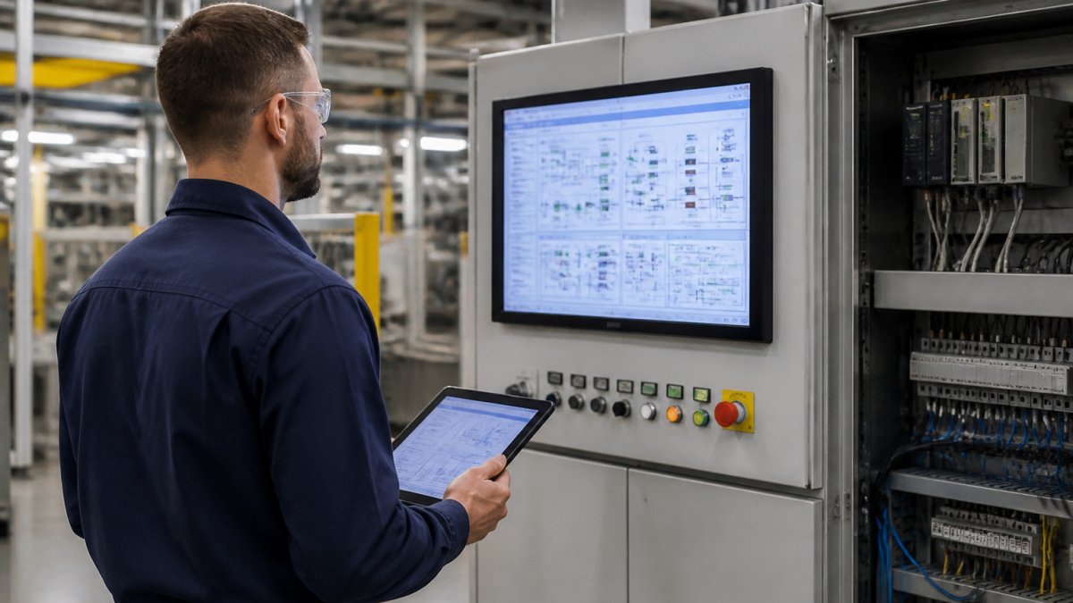 Technician monitoring real-time data to connect Databricks to plant floor apps via a SCADA interface.