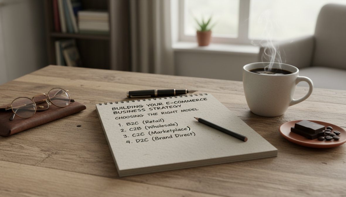 A small business owner reviewing a printed business plan at a modern wooden desk, laptop open beside them, a coffee mug and notepad nearby, warm natural office lighting