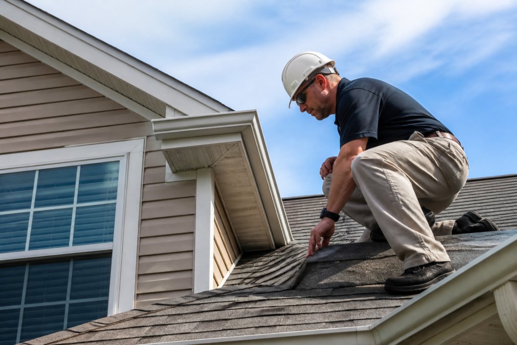 Professional home inspector examining roof condition and structural integrity, checking shingles and fasteners on residential home exterior during daylight