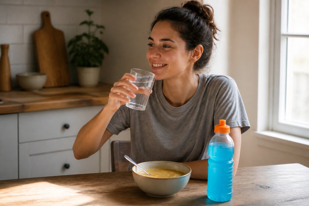 A person sitting at a kitchen table with a glass of water, a bottle of electrolyte solution, and a bowl of soup, looking relieved and refreshed in natural morning light
