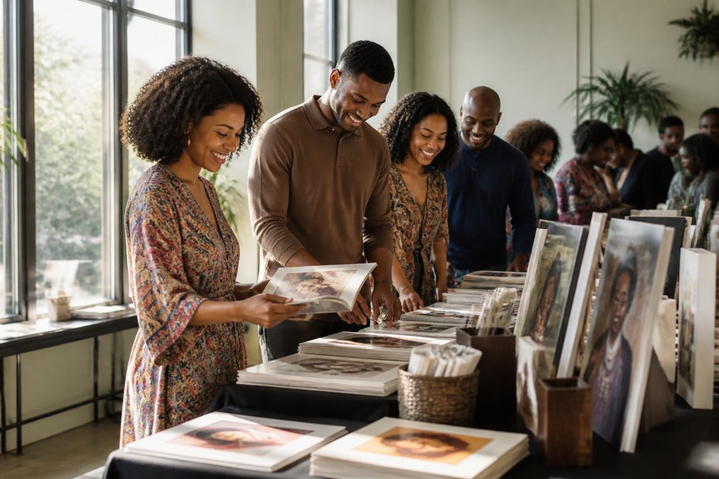 A diverse group of people at a community fundraising event, smiling and selecting from culturally inspired gifts like calendars and canvas art displayed on tables, with warm natural lighting streaming through large windows