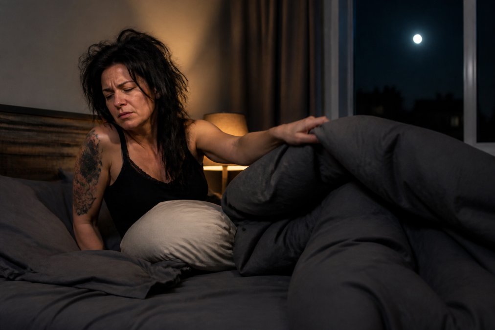 Woman in her 40s waking at night, pushing off heavy blankets with a frustrated expression, bedroom dimly lit with moonlight through a window