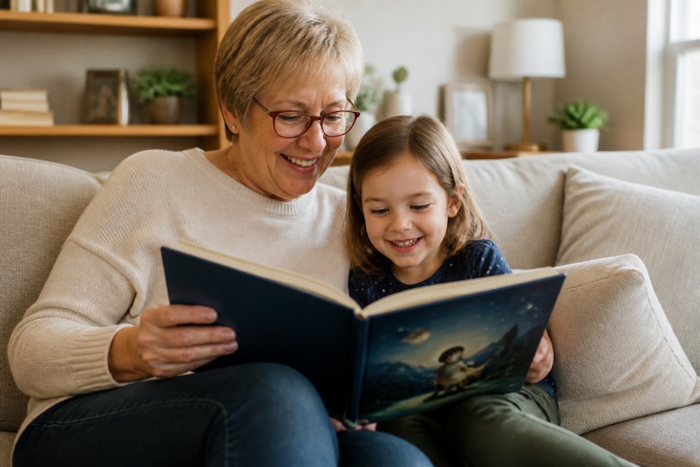 Grandparent and grandchild smiling while reading a personalized book, one of many cozy gift ideas for grandkids.