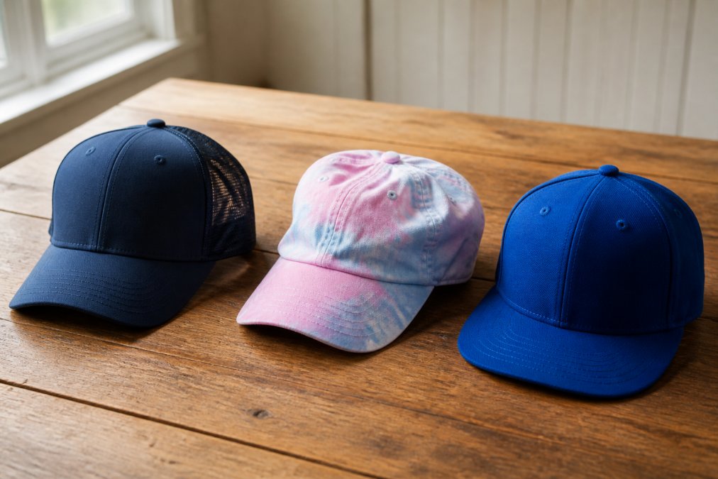 A flat lay of three different sports caps on a wooden table: a structured navy trucker hat with mesh back, a relaxed pink and blue tie-dye unstructured cap, and a fitted royal blue cap, showing the differences in crown shape and construction under soft natural window light