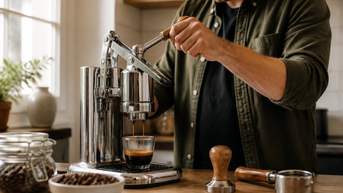 En person står ved en køkkenbordplade og betjener en manuel espressomaskine med et håndtag, mens en kop espresso langsomt fyldes. Varmt lys fra et vindue, kaffebønner og en tamper ligger på bordet ved siden af.