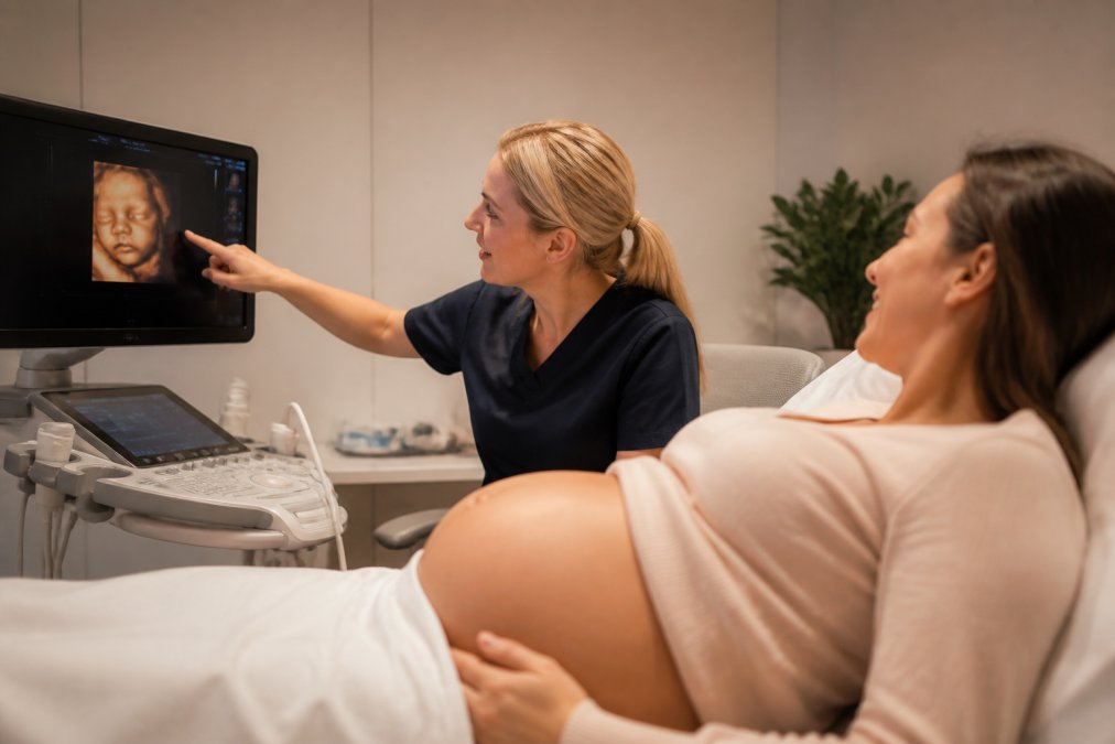 A pregnant woman lying comfortably on a scan bed while a female sonographer points to a 3D ultrasound image on the monitor, warm clinical room with soft lighting in a private clinic