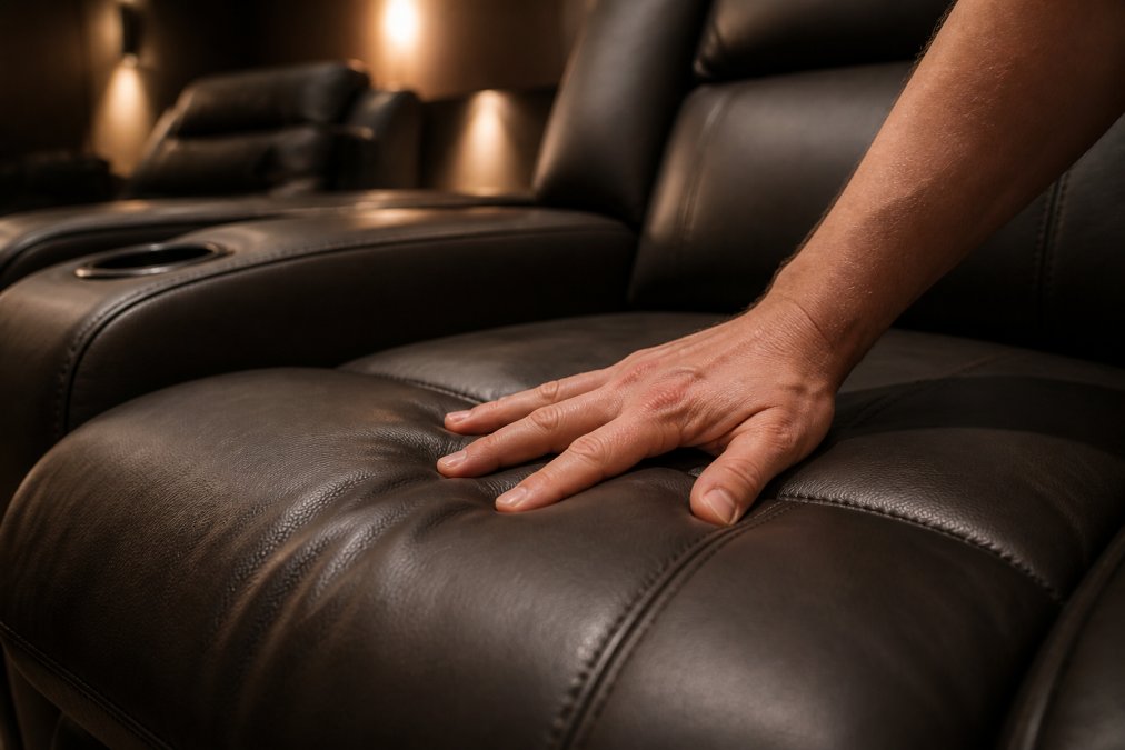 A close-up of a hand pressing into the dark faux leather cushion of a home theater recliner, showing the texture and quality of the upholstery under warm ambient room lighting