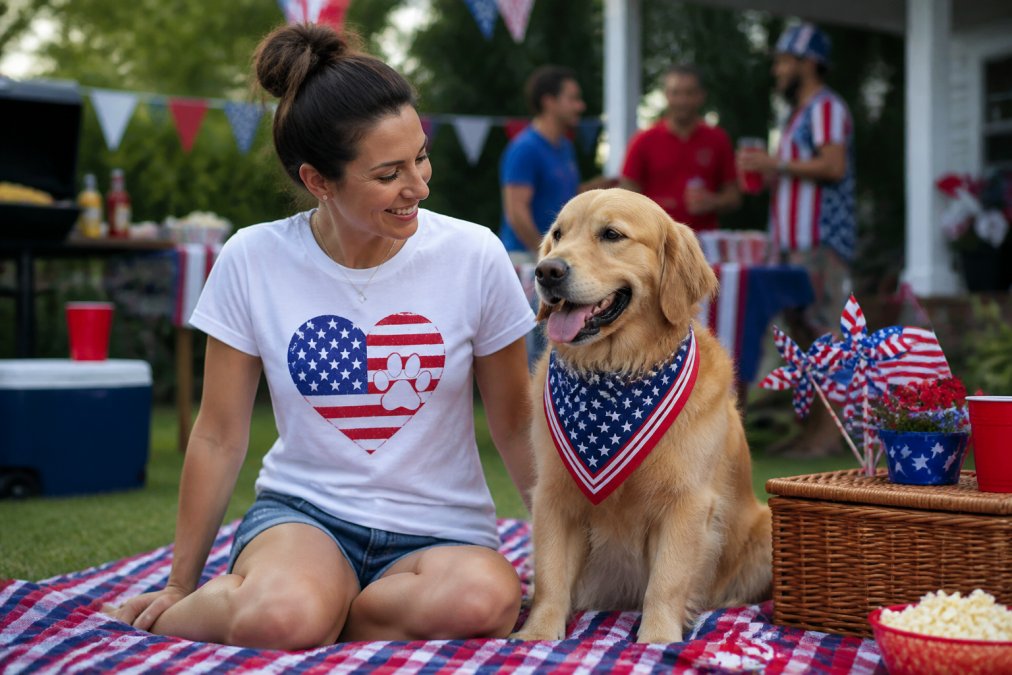 A woman wearing a patriotic dog t-shirt sitting on a picnic blanket with her golden retriever, surrounded by red, white, and blue decorations at a backyard barbecue