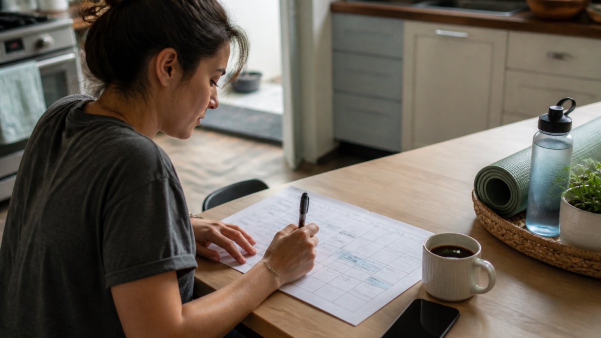 A person sitting at a tidy kitchen table with a paper weekly planner, pen in hand, phone face-down beside a mug of coffee, marking time blocks for calls and meetups