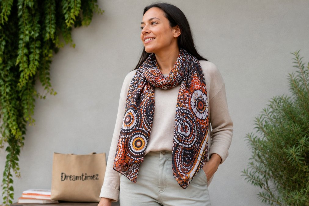 Person wearing Aboriginal art textile scarf with contemporary neutral clothing in natural daylight, showing how wearable art integrates into everyday casual style