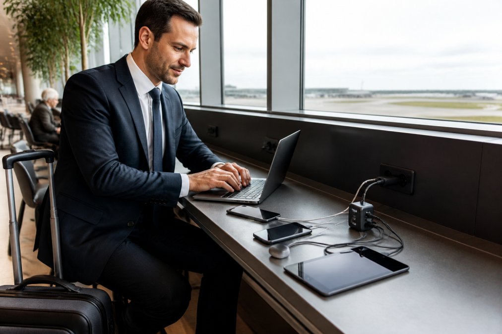 Professionnel en costume assis dans un aéroport avec son ordinateur portable, téléphone et tablette branchés sur l'adaptateur universel GaN, valise cabine à côté