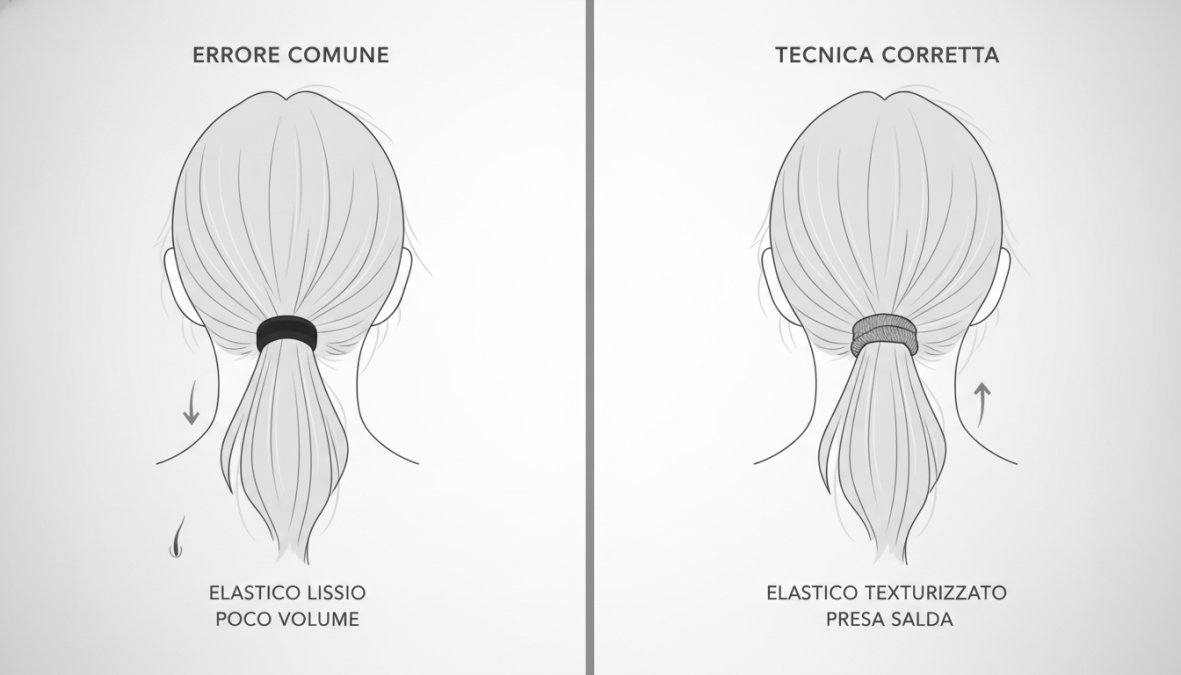 Before and after comparison showing fine hair with a slipping elastic that's halfway down the ponytail versus the same hair properly secured with correct texture and technique