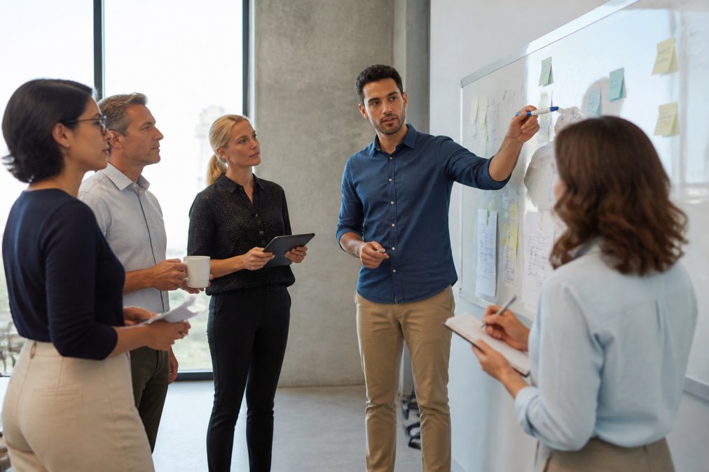 A diverse team of business professionals in a modern office setting gathered around a whiteboard reviewing workflow automation processes, with one person pointing at interconnected steps and another taking notes