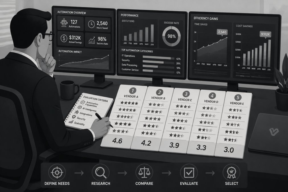 A business leader or IT director sitting at a desk with multiple monitors displaying automation dashboards and analytics, reviewing vendor proposals and comparing features with a notepad and pen