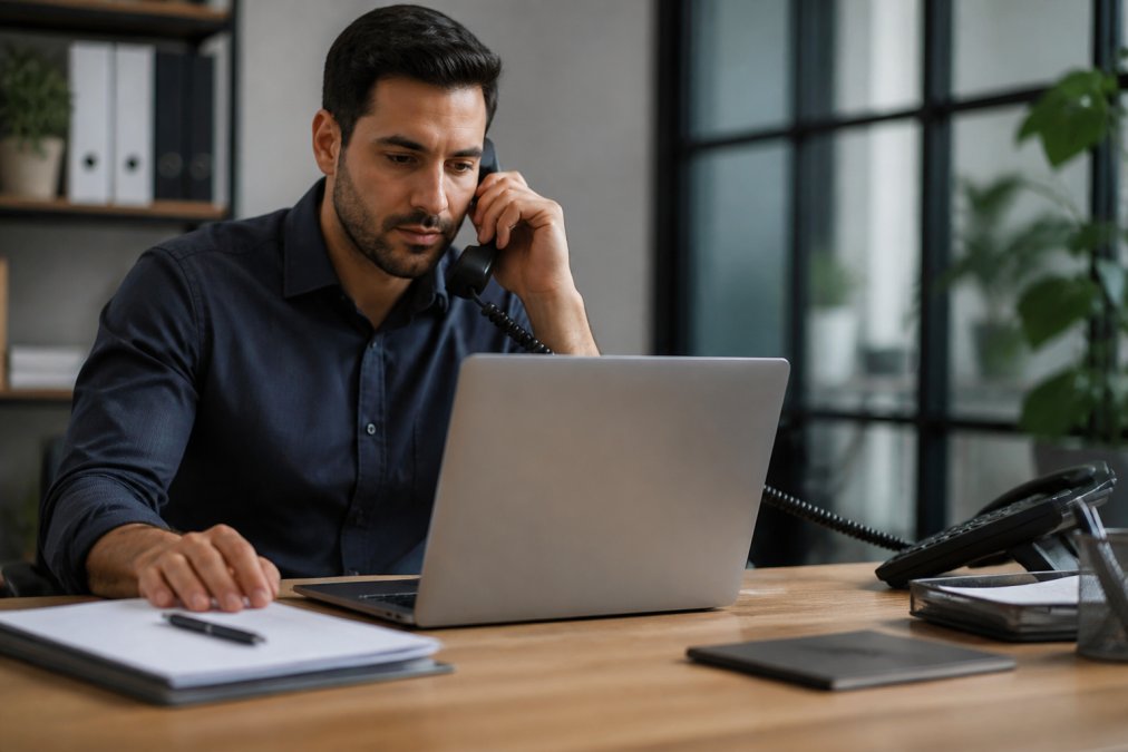 Service business owner at desk reviewing customer calls and lead data on laptop with phone ringing in background, natural office lighting