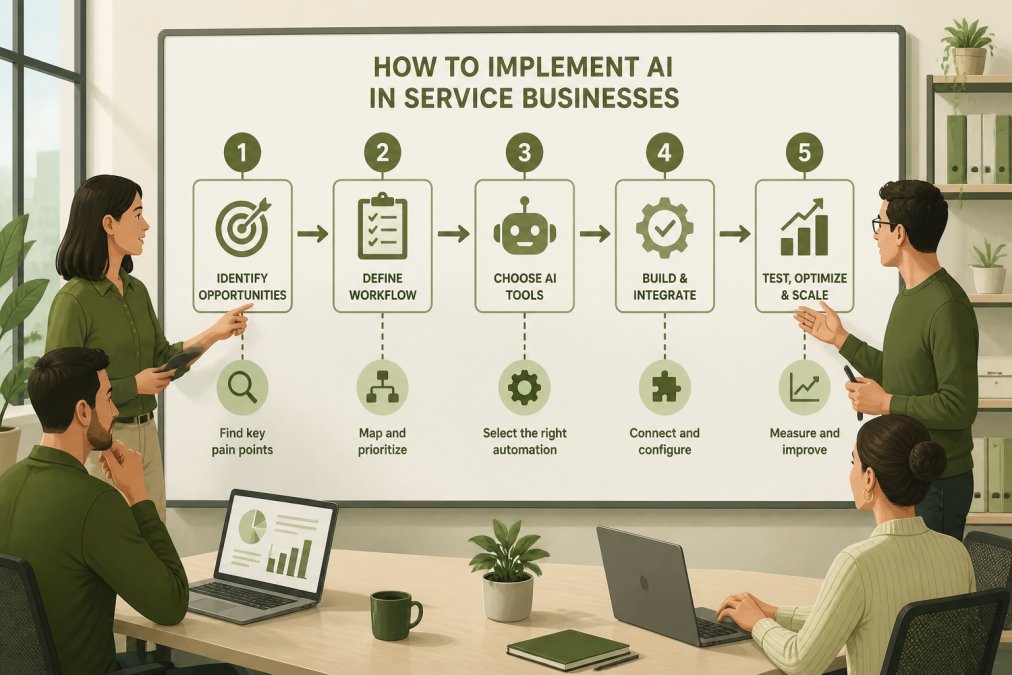Team members collaborating in modern office, pointing at workflow diagram on whiteboard with automation steps, natural lighting