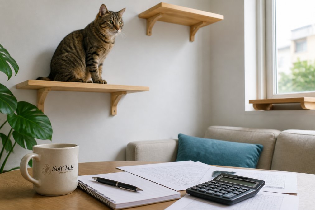 A tabby cat perched on a wall-mounted wooden shelf in a bright apartment living room, with a second shelf above and a small window perch nearby, natural daylight