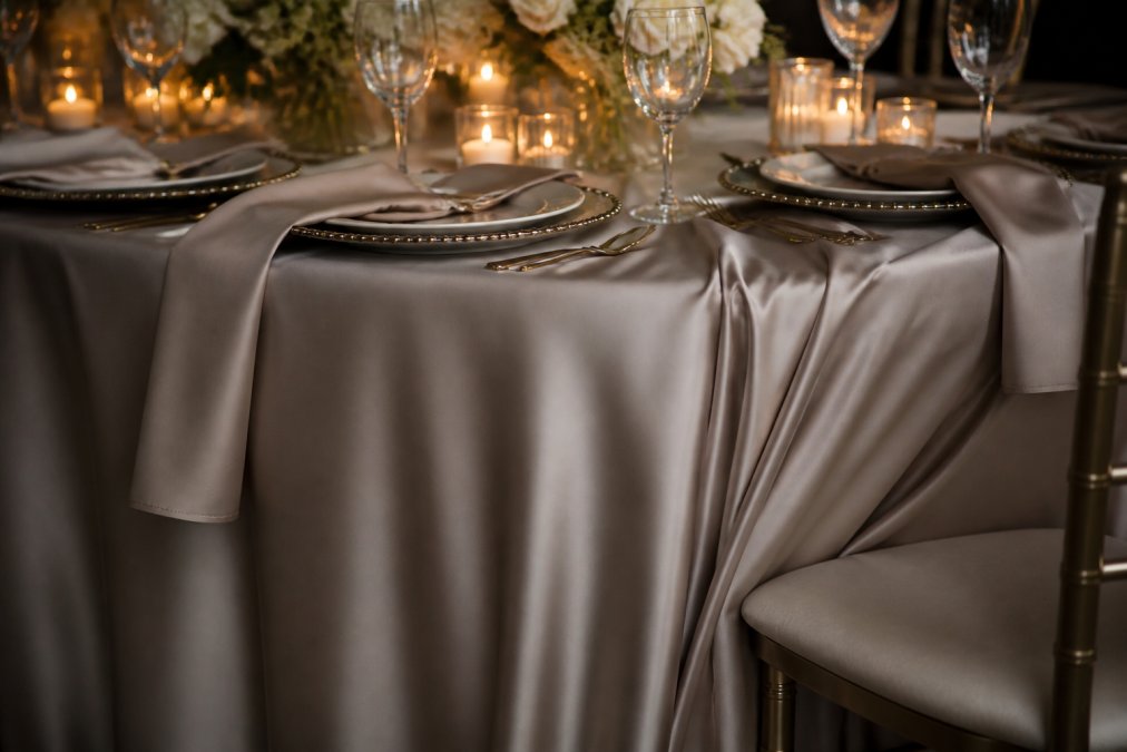 Infographic comparing the matte finish of peau de soie to velvet for 5 affordable alternatives to velvet for event decor